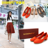 韩国代购圆头单鞋女中跟粗跟浅口OL百搭绒面中跟流行简约工作女鞋