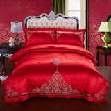 全棉大红色结婚庆四件套 床单被套简约新婚刺绣1.8/2.0m床上用品
