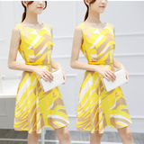 欧洲站2016夏季新款女装韩版修身高腰连衣裙中长款黄色无袖A字裙