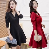 2016春季韩版V领礼服时尚女装大码中长款显瘦长袖气质连衣裙女潮