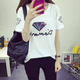 2016夏季韩版中款t恤女 圆领套头短袖拼色印花字母宽松休闲针织衫