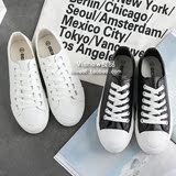 小白鞋女系带韩版夏2016黑白色帆布鞋平底休闲学院风皮面透气布鞋