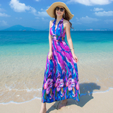 海边度假沙滩裙波西米亚长裙夏装显瘦牛奶丝性感连衣裙挂脖海滩裙