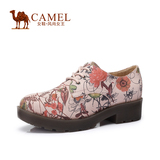 Camel骆驼正品舒适少女休闲鞋小花鞋皮鞋牛皮厚底粗中跟系带女鞋