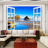 欧式3d假窗户窗外风景沙滩石头大型壁画客厅卧室电视沙发背景墙纸