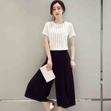 韩版女装 2016夏新款圆领显瘦短袖竖条纹上衣 六分阔腿裤两件套装