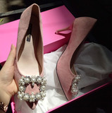 甜美粉色水钻珍珠方扣高跟鞋细跟浅口绒面性感高跟单鞋尖头鞋女鞋