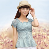韩国娃娃衫格子大码修身小衬衫女士上衣短袖衬衣短款少女寸衫