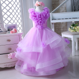 新款女童公主裙儿童礼服春夏合唱演出服装花童紫色婚纱拖尾款韩版