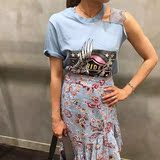 2016韩国东大门代购夏季女新款蕾丝吊带单肩露肩印花系带T恤上衣