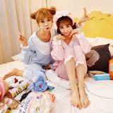 韩国2016春季闺蜜装新款纯色花边睡衣 韩版甜美风家居服套装