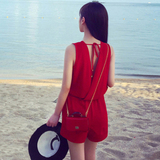 女装2016夏装新款潮假两件套无袖性感显瘦红色v领短裤雪纺连体裤