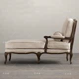 法式实木贵妃椅做旧简约布艺美式贵妃榻单人布艺沙发椅进口橡木