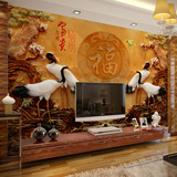 客厅电视背景墙纸壁纸福鹤壁画沙发中式山水3D仿玉雕墙布富贵吉祥