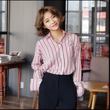 韩国东大门 秋季新款粉色竖条纹中长款长袖宽松大码衬衫 打底衫女