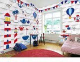 3D地中海儿童房环保墙纸 可爱卡通剪纸灯塔气球大型壁画 卧室壁纸