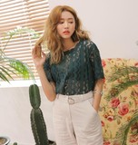 韩国 复古气质优雅性感镂空透视设计短款蕾丝罩衫Tの短袖打底上衣