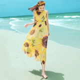 2016夏季女装裙子无袖印花雪纺连衣裙波西米亚长裙海边度假沙滩裙