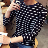2016秋季韩版黑白细条纹t恤男长袖青少年圆领修身纯棉学生打底衫