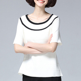 冰丝针织衫女套头大领口T恤女 夏短袖体恤修身上衣短款打底衫韩版