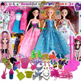 3d真眼3个芭比洋娃娃公主婚纱衣服女孩玩具套装大礼盒包邮