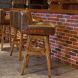 美式乡村吧台椅 实木酒吧椅皮艺咖啡厅高脚椅会所高脚吧凳 可旋转