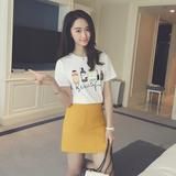 夏季新款2016韩版时尚宽松白色印花T恤黄色修身短裙两件套装女潮