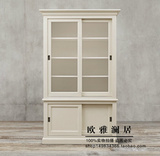 法式实木家具做旧书橱美式玻璃门橡木书柜欧式现代玻璃移门边柜