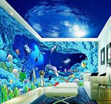 无缝3D壁画海底世界主题房婴儿游泳馆幼儿园儿童墙纸客厅海豚壁纸