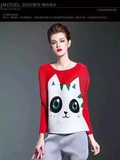 T恤女装2016春夏新款可爱大眼猫咪印花蝙蝠袖衬衫长袖褶皱上衣