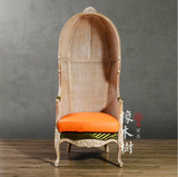 美式乡村实木沙发椅法式复古做旧单人沙发椅北欧简约编织装饰椅