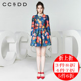 CCDD2016秋装新款专柜正品女 时尚油画印花 甜美修身长袖连衣裙