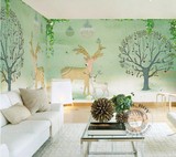 北欧森林卡通小鹿墙纸商店客厅沙发背景壁纸绿色清新无纺布壁画