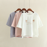夏季新款韩版圆领短袖T恤女 猫耳朵字母绣花百搭宽松前短后长上衣