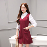 2016秋季新款女装韩版时尚潮假两件衬衫中长款条纹气质职业连衣裙