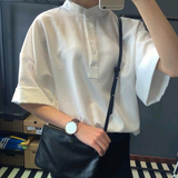 韩国ulzzang夏装原宿上衣立领白色衬衫女韩范学生短袖衬衫女宽松
