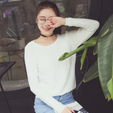 2016新款秋冬毛衣女套头短款宽松纯色韩版条纹时尚学生长袖针织衫