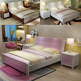 现代简约田园粉色实木床橡木1.8米双人1.5米白色公主床储物高箱床