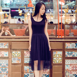 韩版新款夏季百搭拼接无袖背心中长款连衣裙修身显瘦纯色网纱长裙