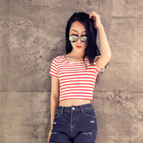 韩版夏修身条纹露脐短袖T恤女短款上衣性感漏肚脐短装打底衫潮