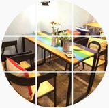 2016简约复古饭店餐桌椅实木咖啡桌西餐厅彩条创意个性彩色组合
