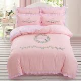全棉韩版公主风刺绣纯色四件套荷叶花边被套床单1.5 1.8 床上用品