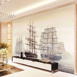 复古怀旧帆船工装背景墙纸壁画 欧式手绘轮战船客厅沙发油画壁纸