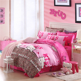 纯棉卡通四件套全棉斜纹哈喽KT猫豹纹床单被套粉色亮色床上用品