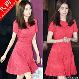 ZARA女装2016夏季新款明星同款红色短袖性感蕾丝连衣裙代购中长款