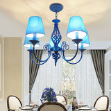 欧式美式蓝色餐厅吊灯地中海铁艺客厅卧室灯5头布罩田园简约灯具