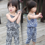 女童套装韩版潮2016夏季新款小女孩嘻哈吊带青花哈伦裤时尚两件套