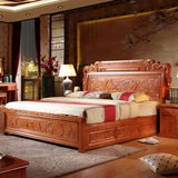 全实木床 新中式1.8米双人床明清仿古橡木床 仿红木2米雕花床家具