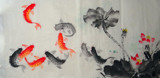九鱼图纯手绘国画花鸟年年有余荷花四尺横幅手工画芯白底彩墨真迹