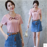 2016夏季新款女装韩版短袖T恤+A字牛仔半身短裙时尚套装两件套潮